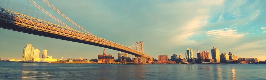 Panoramic view of bridge over river against sky in city during sunset