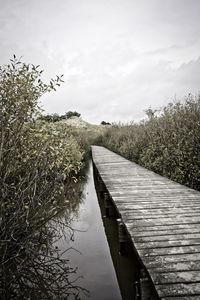 View of footpath by canal against sky