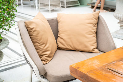 High angle view of sofa on table at home