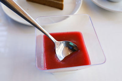 High angle view of dessert in bowl on table