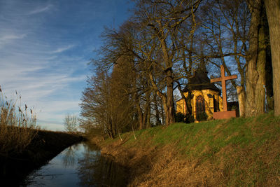 Bare trees on landscape against sky