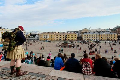 High angle view of people in city