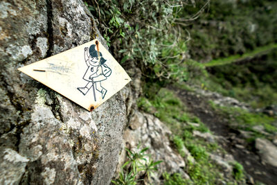 Close-up of sign on rock