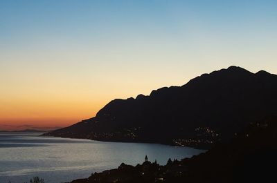 Silhouette mountains by sea against clear sky during sunset