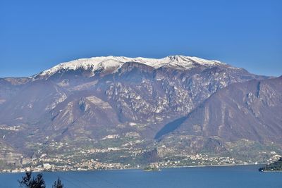 Scenic view of snowcapped mountains against clear blue sky