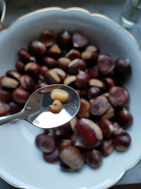 High angle view of breakfast on table