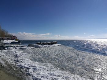 Scenic view of sea against blue sky