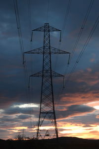 Electricity pylon against sky during sunset