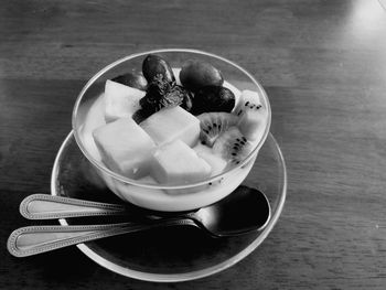 High angle view of ice cream in bowl on table