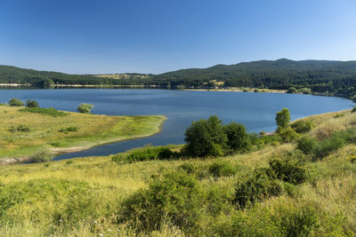 Scenic view of lake against clear blue sky