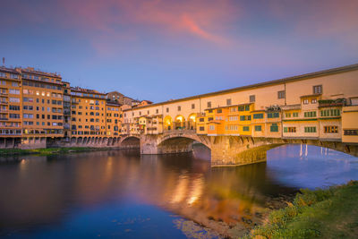 Bridge over river by buildings against sky during sunset