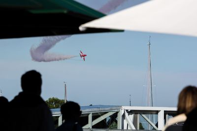 People in airplane against sky