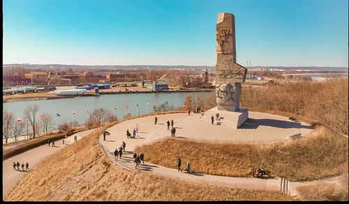 High angle view of city at riverbank