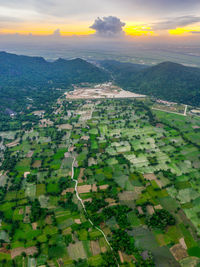 High angle view of townscape against sky during sunset