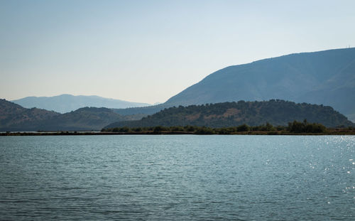 Scenic view of lake and mountains against sky