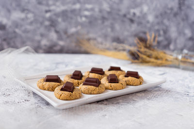 Close-up of cookies in tray on table