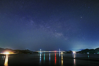 Scenic view of illuminated mountains against sky at night