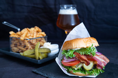 Close-up of food served on table