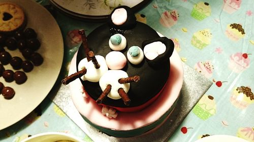 Close-up of dessert served on table