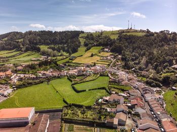 High angle view of townscape against sky