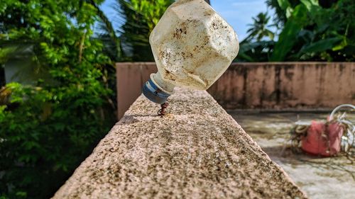 Close-up of hexagonal bottle on a nail