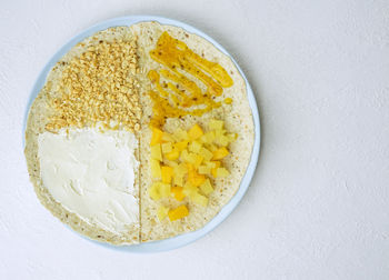 High angle view of breakfast served on table