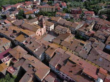 Aerial view of the historic center of the tuscan town of montaione at sunset
