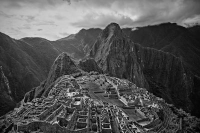 High angle view of machu picchu old ruins and mountains