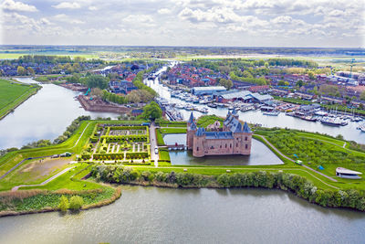 Aerial from the medieval muiderslot castle at the ijsselmeer in the netherlands