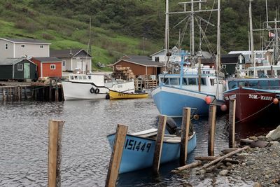 Boats moored at harbor by lake against buildings