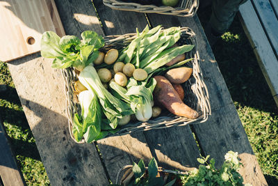 Directly above shot of fresh organic vegetables in basket on table at farmer's market