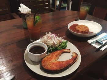 High angle view of food in plate on table