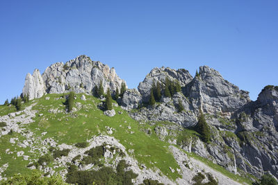 Low angle view of bavarian alps against clear sky