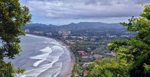 Jaco beach, ocean, city and views, costa rica from el miro ruins, 2022 central america.