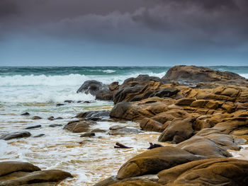 Rocks on beach against sky