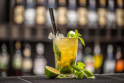 Close-up of drink on glass against blurred background