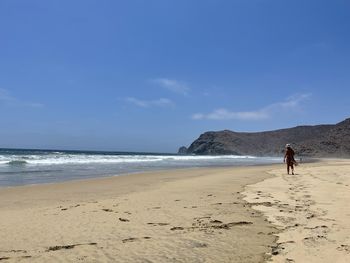 Rear view of man on beach against sky