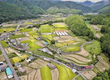 High angle view of rice field against sky