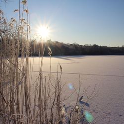 Scenic view of snow covered field against sky