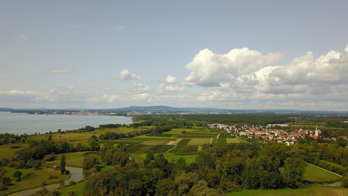 High angle view of agricultural field against sky