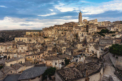 High angle view of cave dwellings known as sassi on a hill in the town of matera in italy