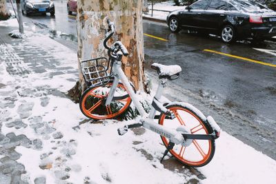 High angle view of bicycle during winter