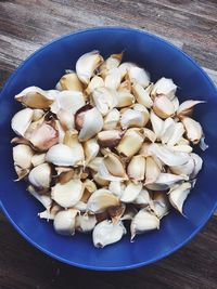 High angle view of eggs in plate on table
