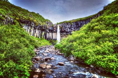 Scenic view of waterfall amidst trees against sky