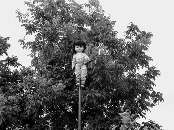 Portrait of boy standing by tree against sky