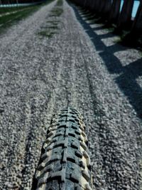 High angle view of tire track on road