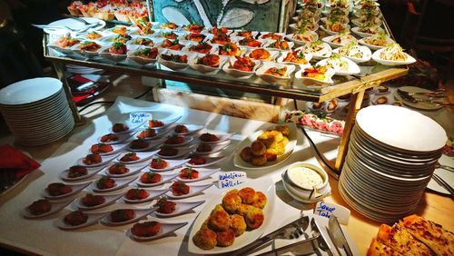 High angle view of dessert on display at store