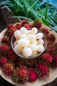 High angle view of fruits in bowl on table