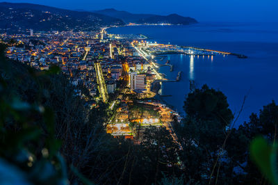 High angle view of city at night