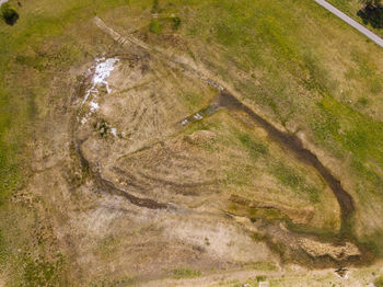 High angle view of puddle on field